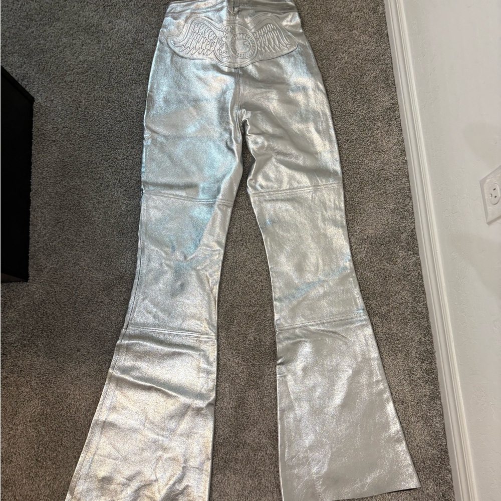 Silver Metallic Von Dutch Flare Pants with Wing Embellishment